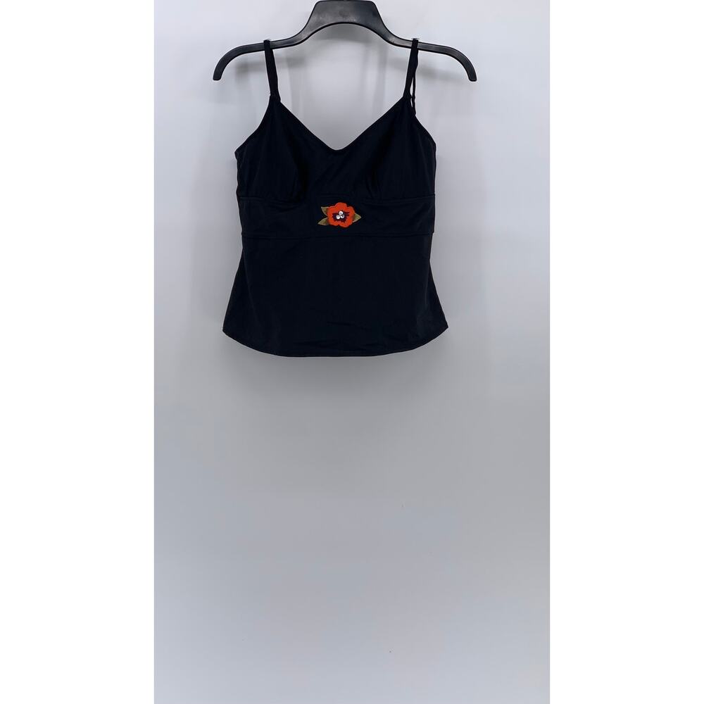 CAZIMI Women's Black V-Neck Embroidered Flower Spaghetti-Strap Swim Top SZ 38C